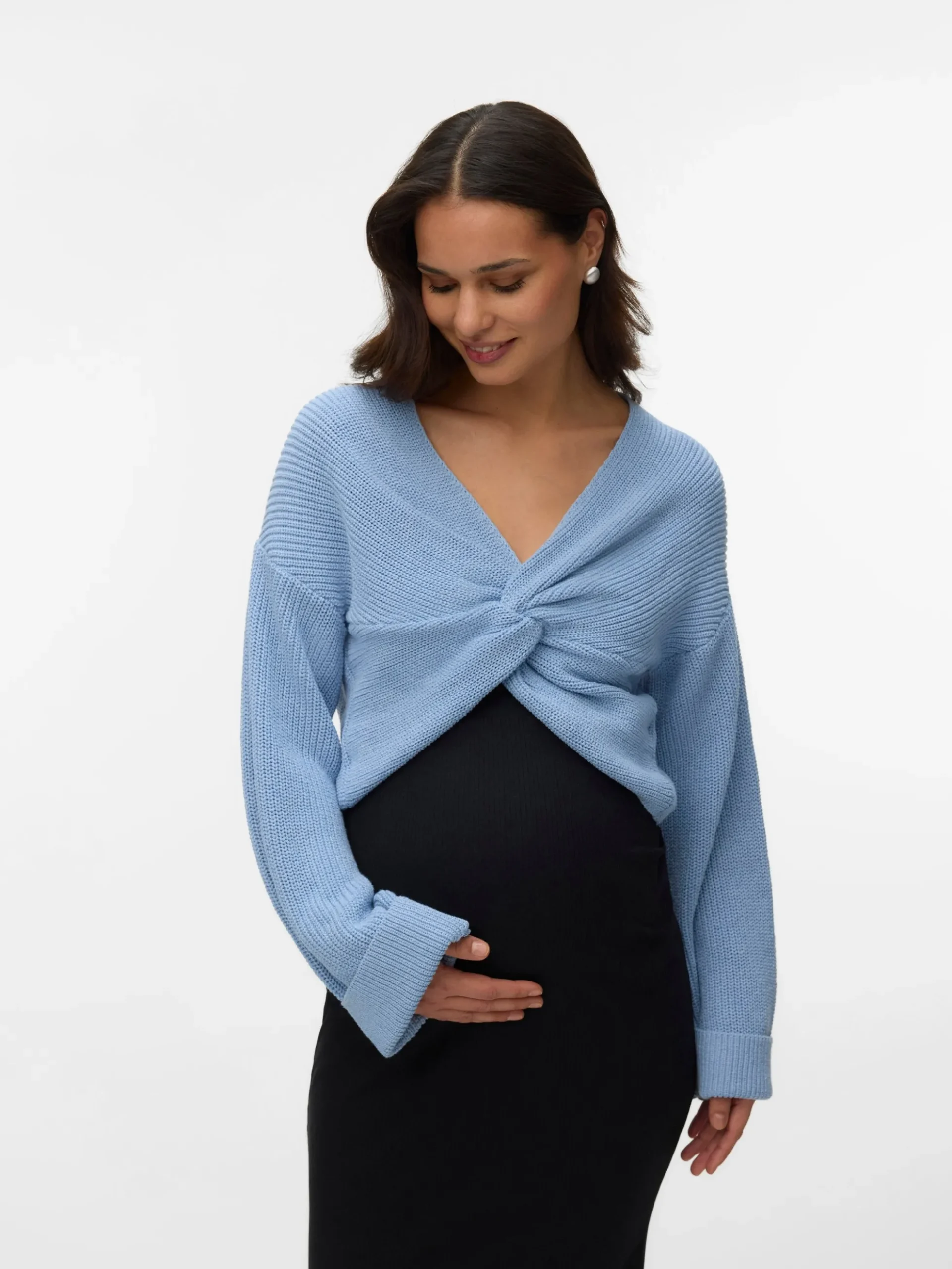 Normal geschnitten V-Ausschnitt Umgeschlagene Ärmelbündchen Tief angesetzte Schulter Pullover